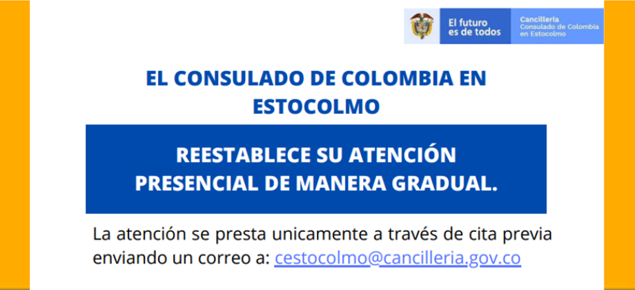 El Consulado de Colombia en Estocolmo reestablece su atención presencial de manera gradual