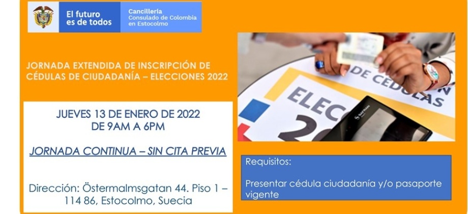 Jornada extendida para la Inscripción de Cédulas para las elecciones de 2022 en el Consulado de Colombia en Estocolmo