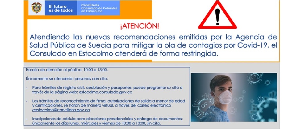 Consulado de Colombia en Estocolmo atenderá de forma restringida debido a las nuevas recomendaciones 