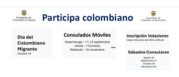 Próximos eventos en el Consulado de Colombia en Estocolmo en el segundo semestre 2025 