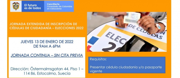 Jornada extendida para la Inscripción de Cédulas para las elecciones de 2022 en el Consulado de Colombia en Estocolmo